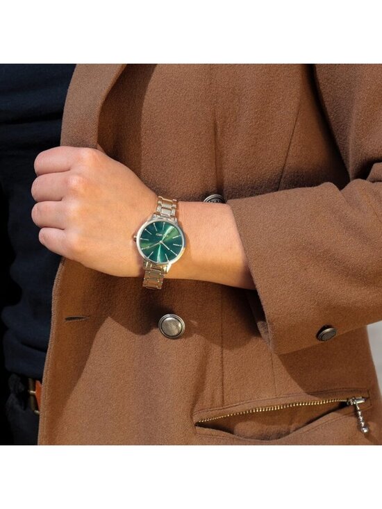 Women\'s Gold Green Analog Quartz Crystal Accented Bracelet Round Classic Watch